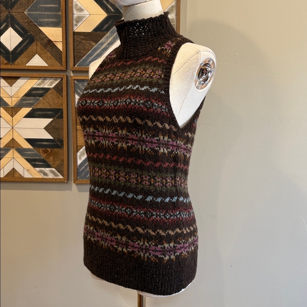 Vintage Ralph Lauren Blue Label Brown Fair Isle Hand Knit Sleeveless Sweater M - Picture 5 of 13